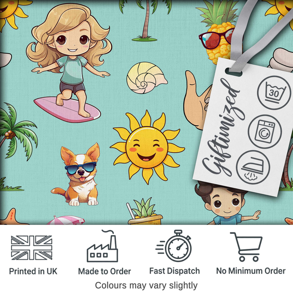 Cute Summer Beach Cartoon Kids Surf Pineapple Mint Background Seamless Pattern Digital Print Fabric by the Metre UK Sewing Quilting Textile