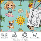 Cute Summer Beach Cartoon Kids Surf Pineapple Mint Background Seamless Pattern Digital Print Fabric by the Metre UK Sewing Quilting Textile