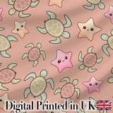 Cute Sea Turtle and Starfish Coral Background Seamless Pattern Digital Print Fabric by the Metre UK Sewing Quilting Textile