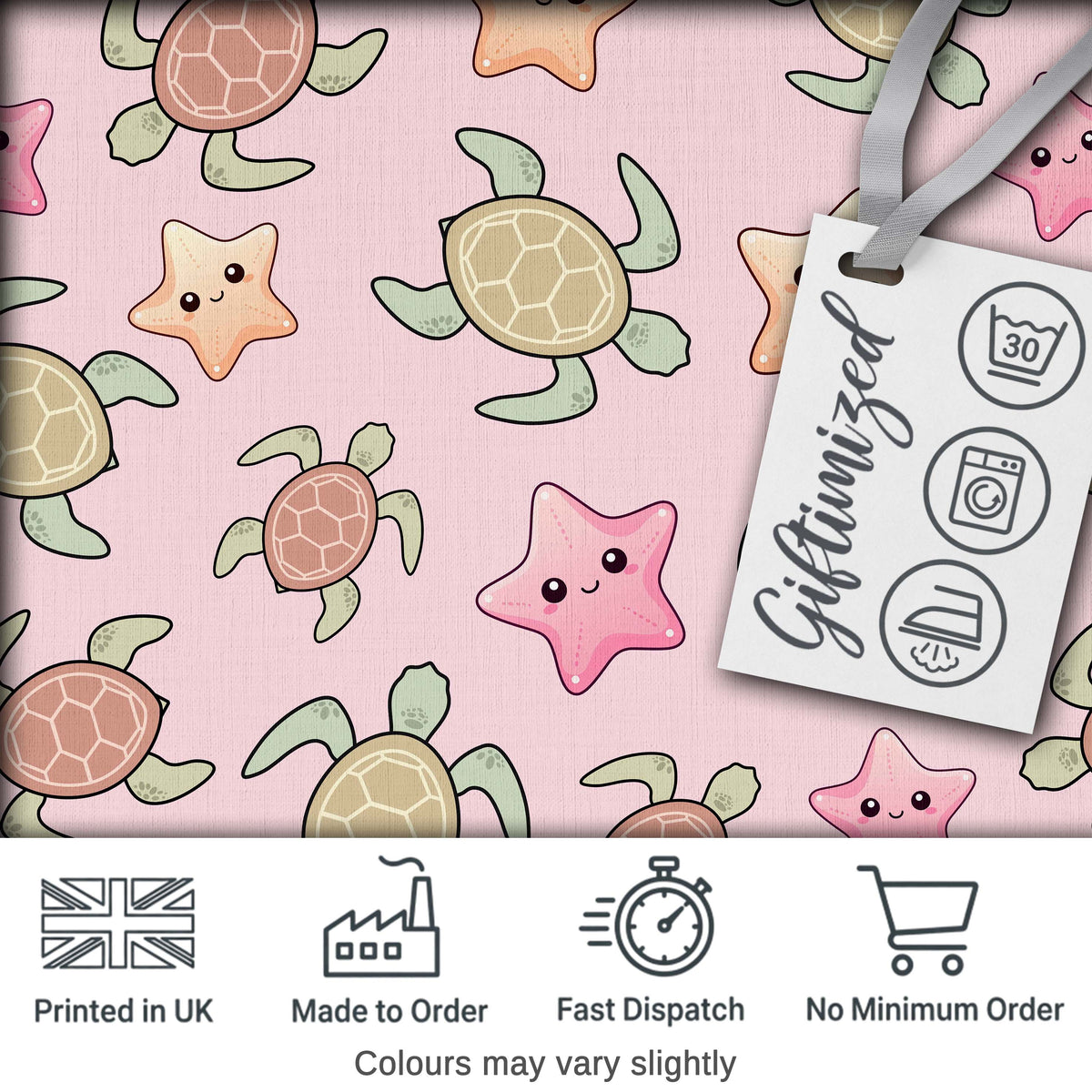 Cute Sea Turtle and Starfish Soft Pink Ocean Seamless Pattern Digital Print Fabric by the Metre UK Sewing Quilting Textile