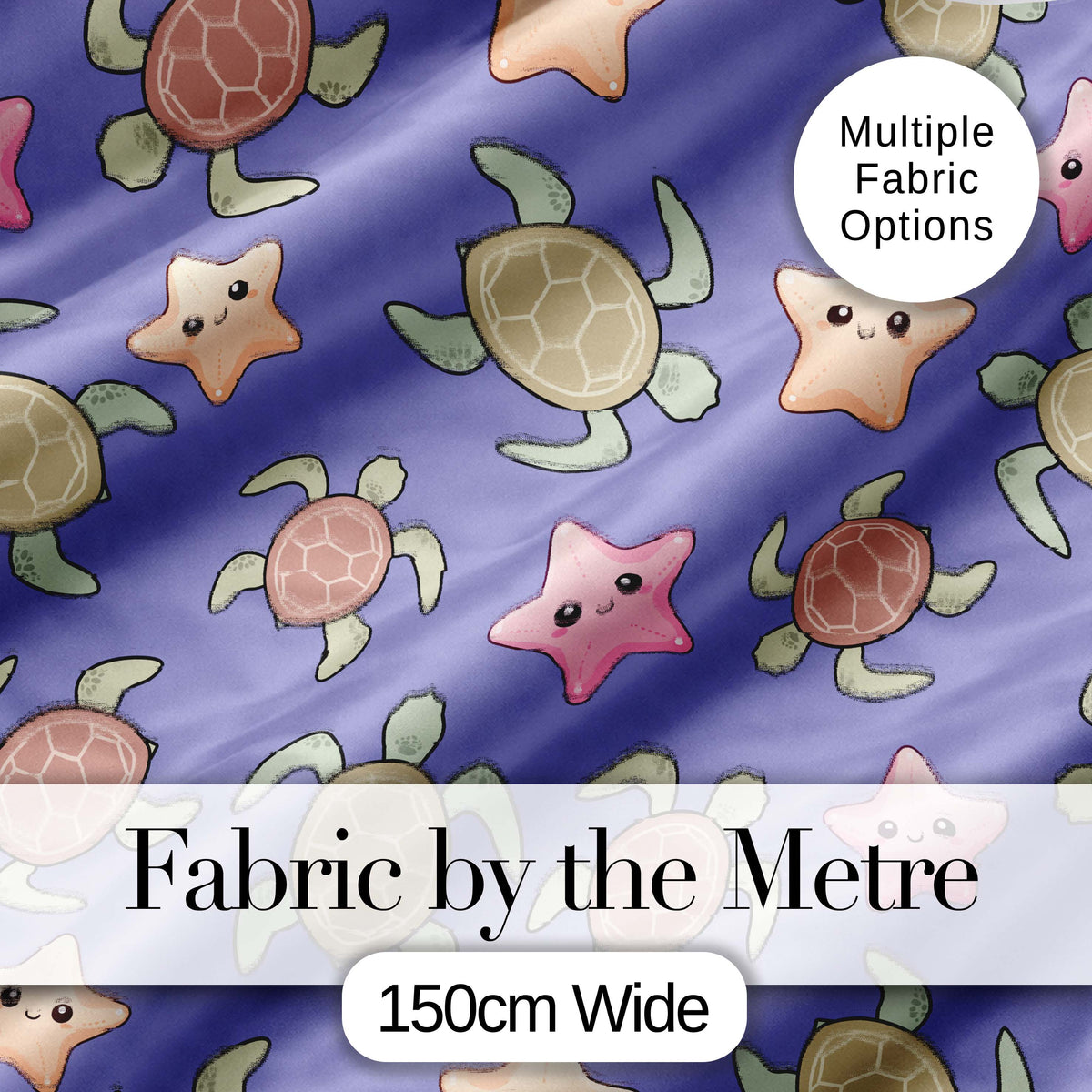 Cute Sea Turtle and Starfish Purple Ocean Seamless Pattern Digital Print Fabric by the Metre UK Sewing Quilting Textile