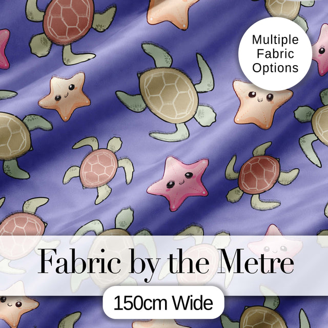 Cute Sea Turtle and Starfish Purple Ocean Seamless Pattern Digital Print Fabric by the Metre UK Sewing Quilting Textile
