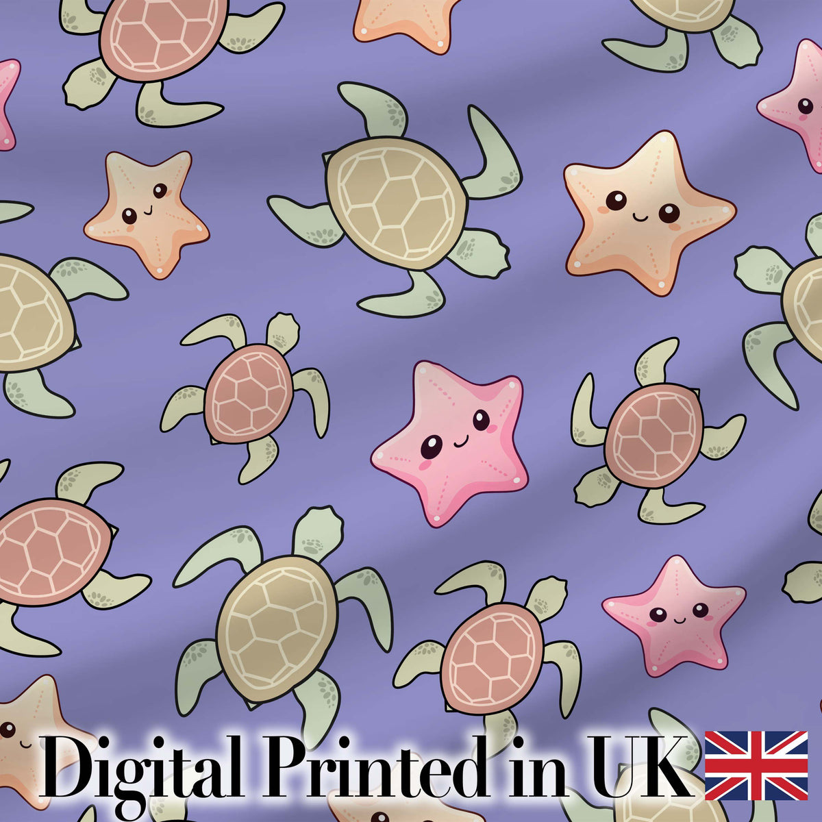 Cute Sea Turtle and Starfish Purple Ocean Seamless Pattern Digital Print Fabric by the Metre UK Sewing Quilting Textile