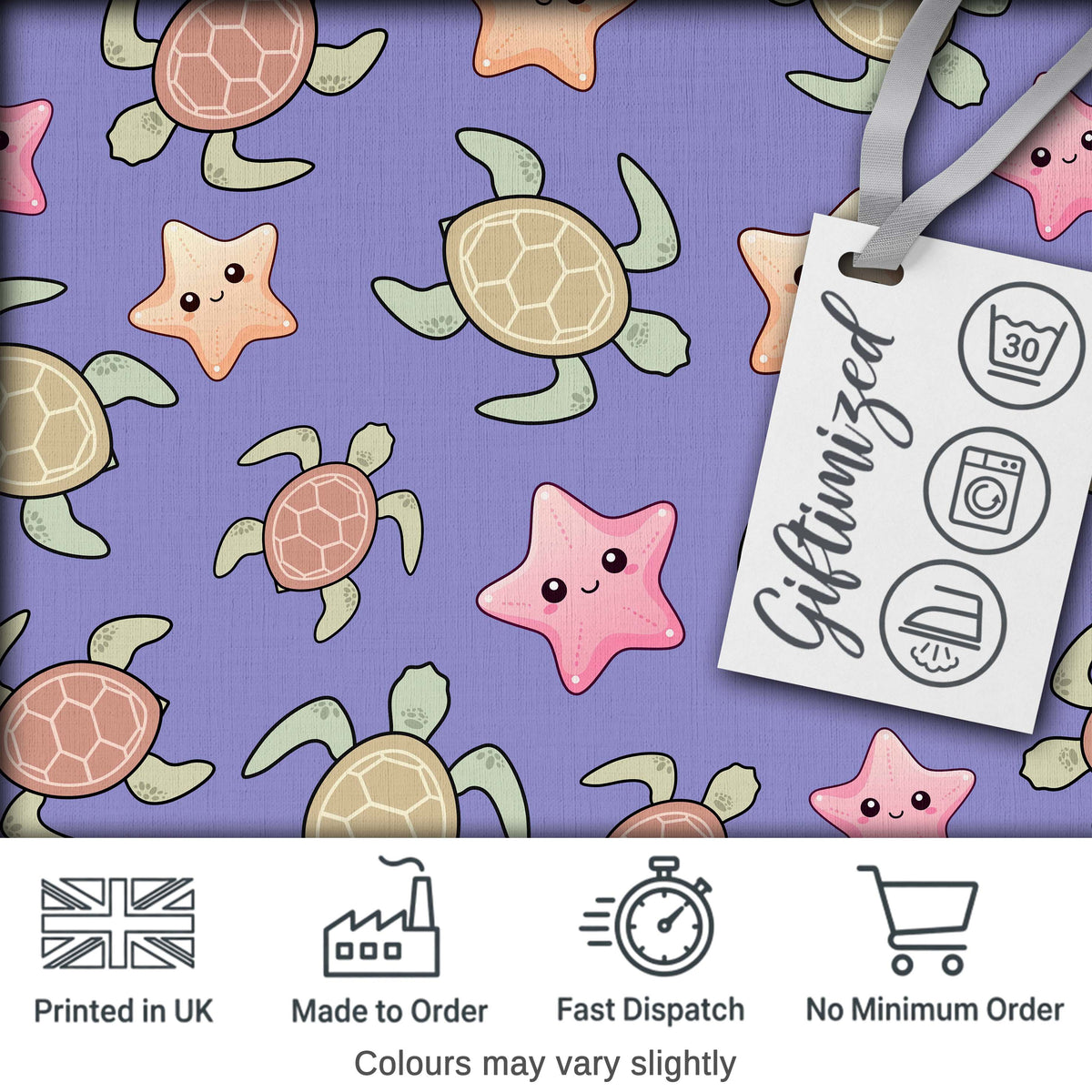 Cute Sea Turtle and Starfish Purple Ocean Seamless Pattern Digital Print Fabric by the Metre UK Sewing Quilting Textile