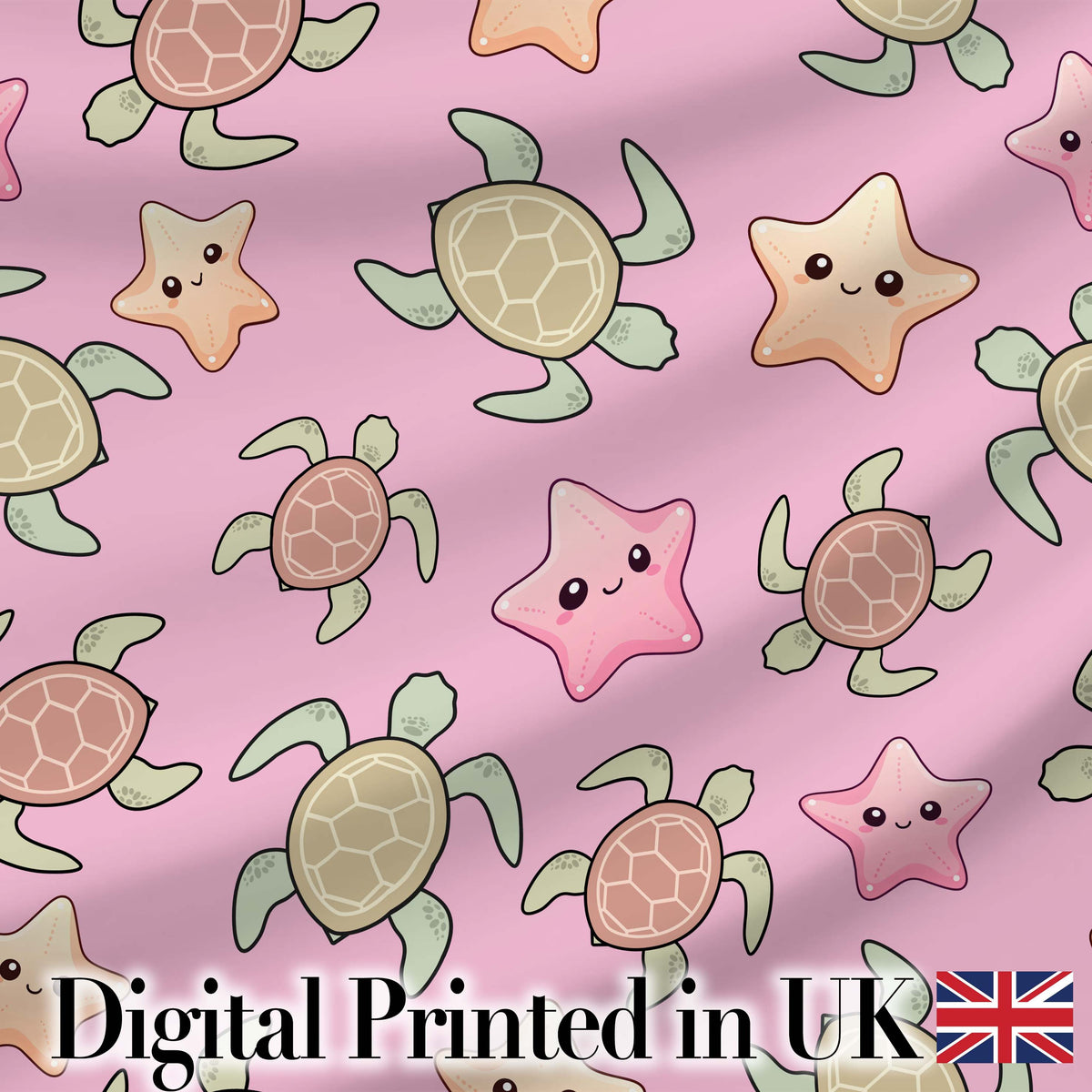 Cute Sea Turtle and Starfish Pastel Pink Ocean Seamless Pattern Digital Print Fabric by the Metre UK Sewing Quilting Textile