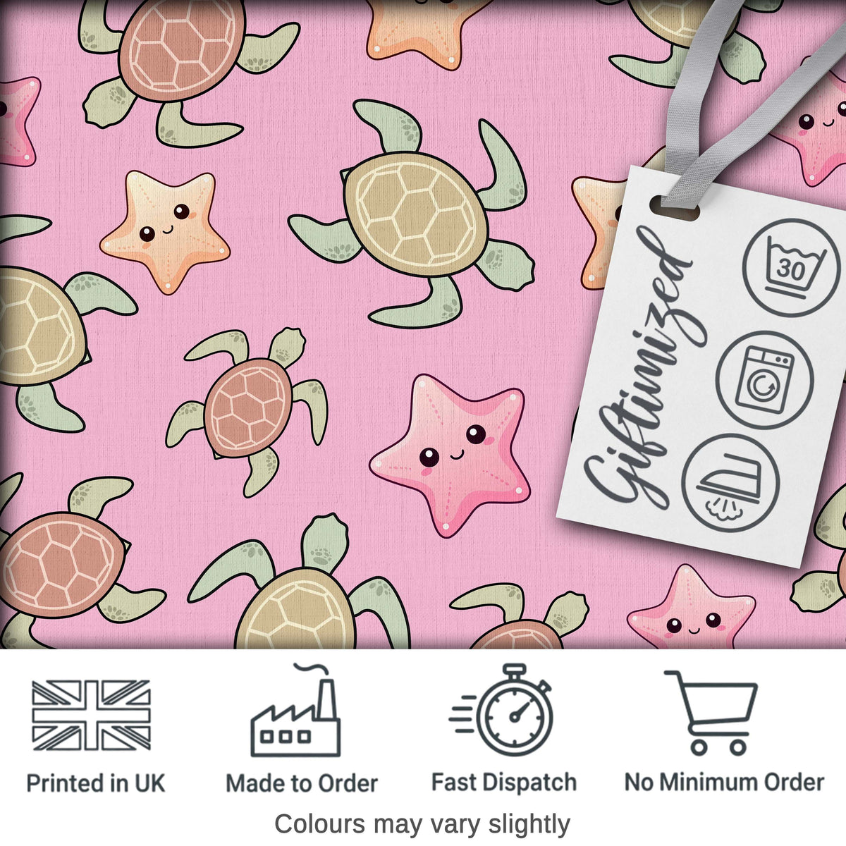 Cute Sea Turtle and Starfish Pastel Pink Ocean Seamless Pattern Digital Print Fabric by the Metre UK Sewing Quilting Textile