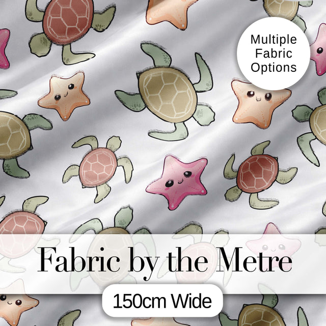 Cute Sea Turtle and Starfish Light Grey Ocean Seamless Pattern Digital Print Fabric by the Metre UK Sewing Quilting Textile