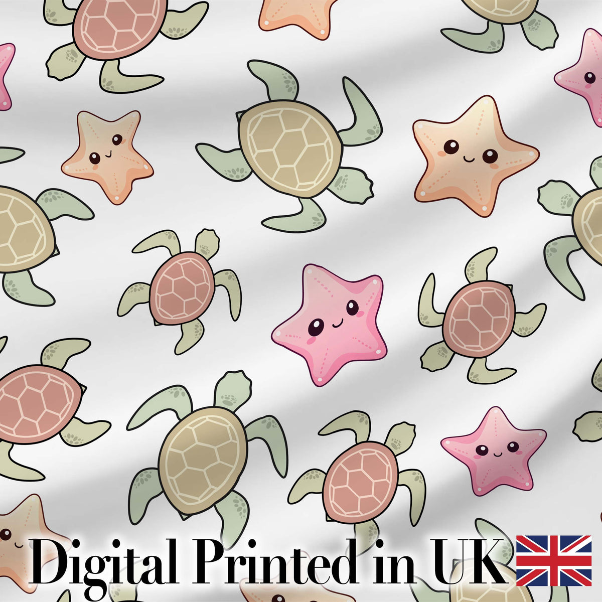 Cute Sea Turtle and Starfish Light Grey Ocean Seamless Pattern Digital Print Fabric by the Metre UK Sewing Quilting Textile