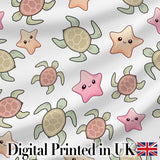 Cute Sea Turtle and Starfish Light Grey Ocean Seamless Pattern Digital Print Fabric by the Metre UK Sewing Quilting Textile