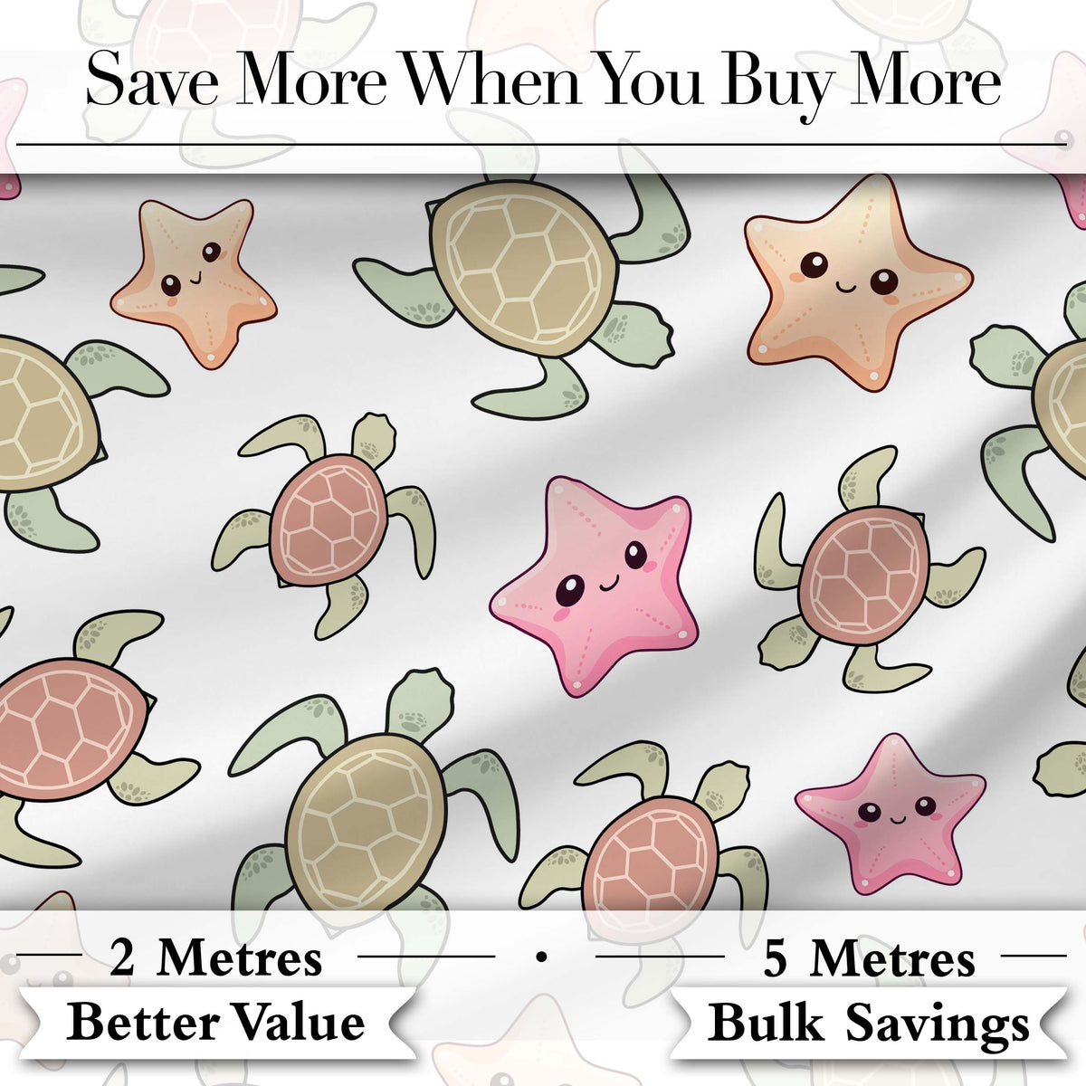 Cute Sea Turtle and Starfish Light Grey Ocean Seamless Pattern Digital Print Fabric by the Metre UK Sewing Quilting Textile