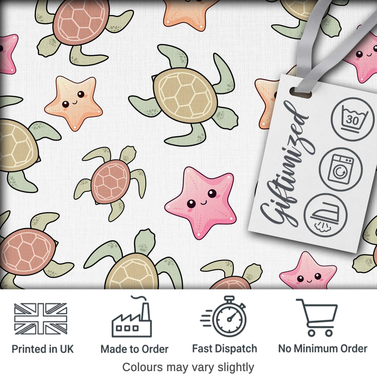 Cute Sea Turtle and Starfish Light Grey Ocean Seamless Pattern Digital Print Fabric by the Metre UK Sewing Quilting Textile