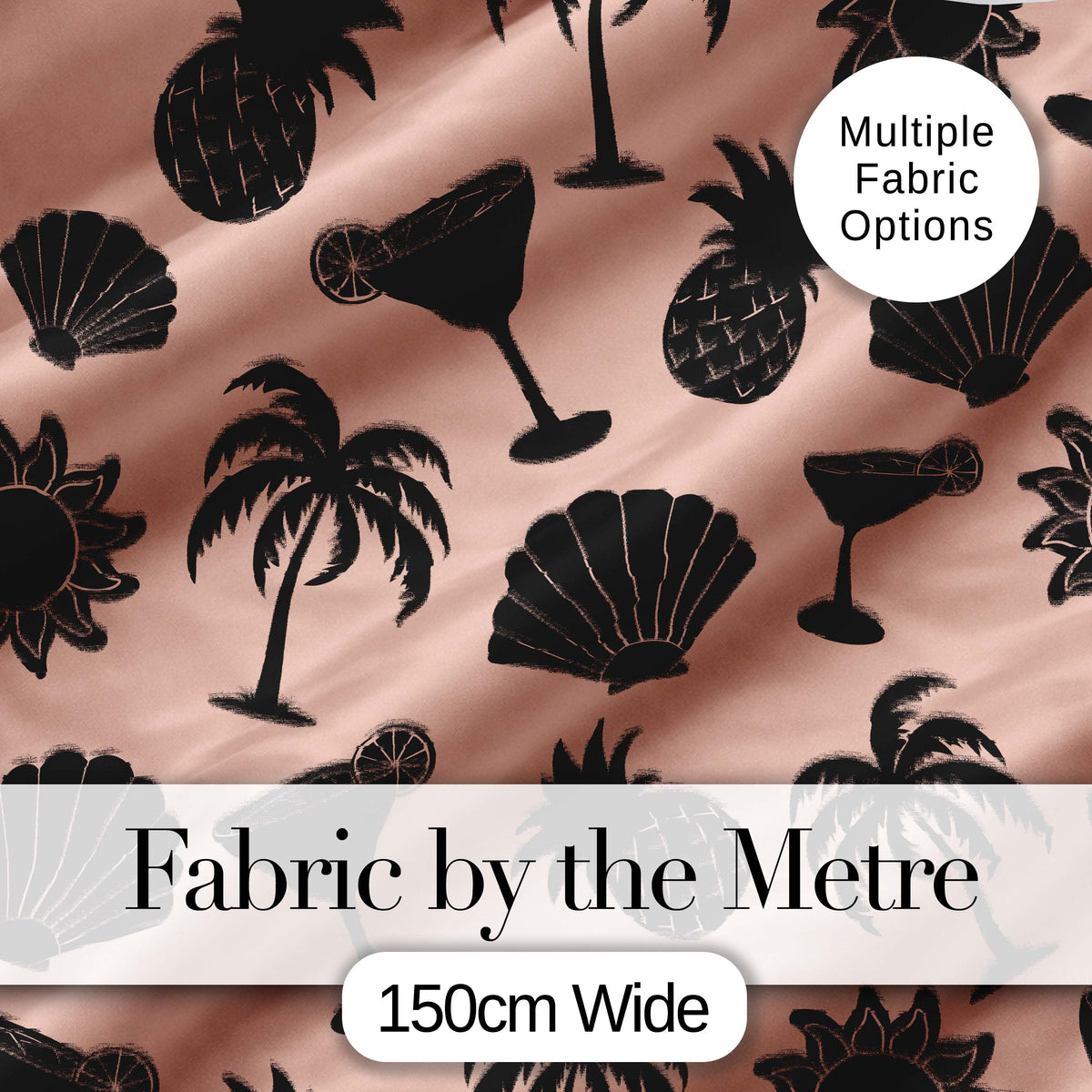 Tropical Beach  Silhouette Palm Pineapple Cocktail Shell Seamless Pattern Digital Print Fabric by the Metre UK Sewing Quilting Textile