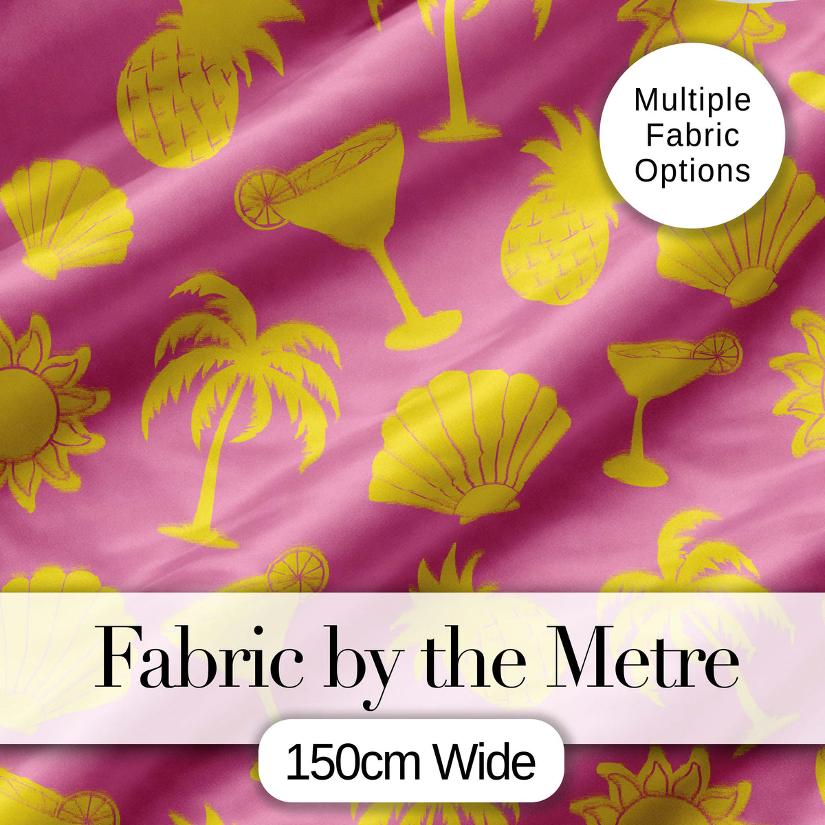 Tropical Beach  Yellow Pink Palm Pineapple Cocktail Shell Seamless Pattern Digital Print Fabric by the Metre UK Sewing Quilting Textile
