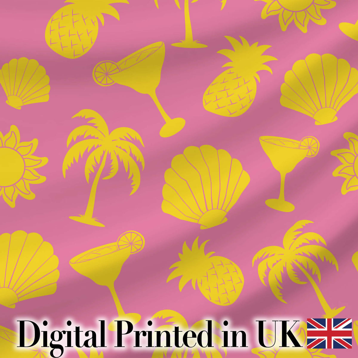 Tropical Beach  Yellow Pink Palm Pineapple Cocktail Shell Seamless Pattern Digital Print Fabric by the Metre UK Sewing Quilting Textile