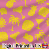 Tropical Beach  Yellow Pink Palm Pineapple Cocktail Shell Seamless Pattern Digital Print Fabric by the Metre UK Sewing Quilting Textile