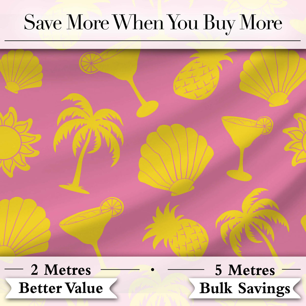 Tropical Beach  Yellow Pink Palm Pineapple Cocktail Shell Seamless Pattern Digital Print Fabric by the Metre UK Sewing Quilting Textile