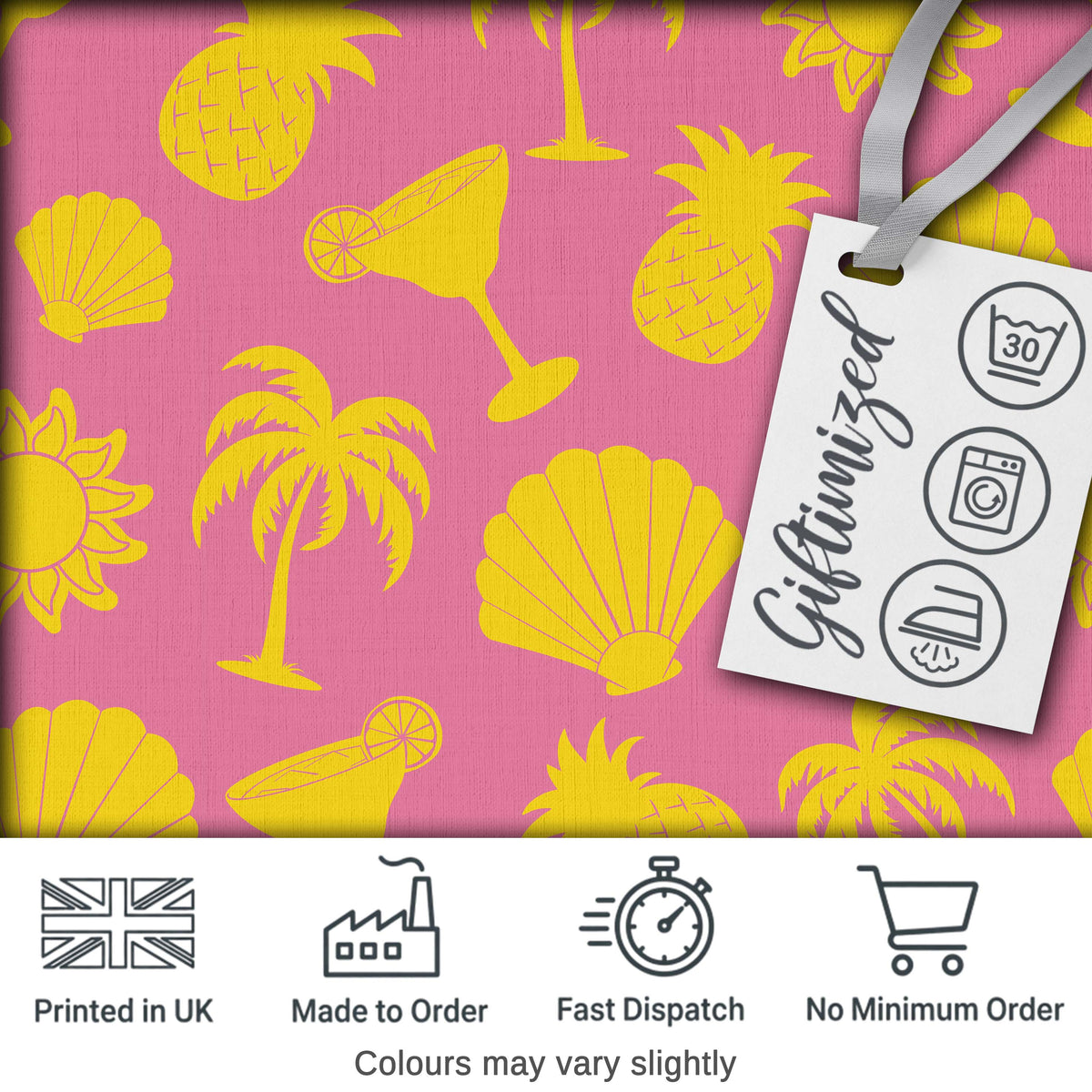 Tropical Beach  Yellow Pink Palm Pineapple Cocktail Shell Seamless Pattern Digital Print Fabric by the Metre UK Sewing Quilting Textile