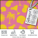 Tropical Beach  Yellow Pink Palm Pineapple Cocktail Shell Seamless Pattern Digital Print Fabric by the Metre UK Sewing Quilting Textile