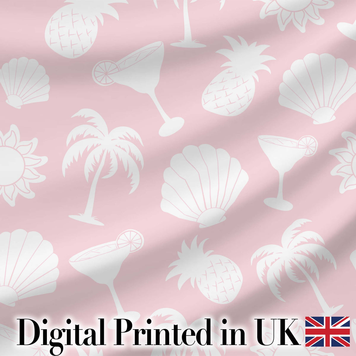 Tropical Beach  Soft Pastel Palm Pineapple Cocktail Shell Seamless Pattern Digital Print Fabric by the Metre UK Sewing Quilting Textile