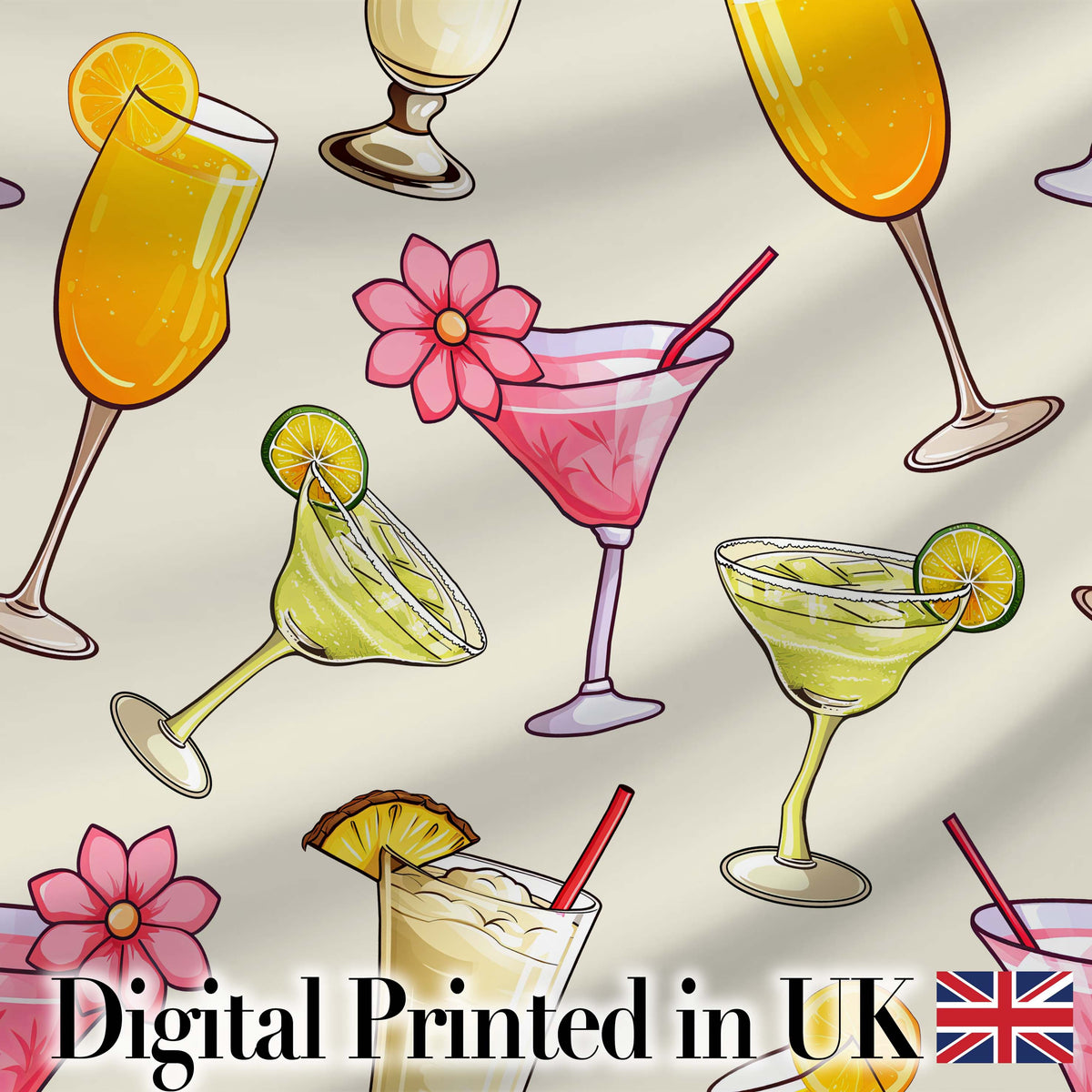 Colorful Cocktail Drinks Summer Party Seamless Pattern Digital Print Fabric by the Metre UK Sewing Quilting Textile