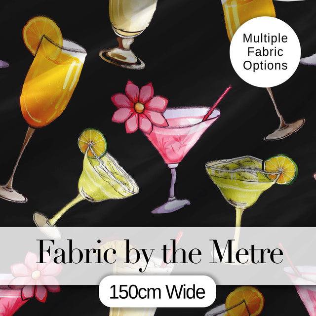 Colorful Cocktail Drinks Dark Background Summer Party Seamless Pattern Digital Print Fabric by the Metre UK Sewing Quilting Textile