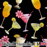 Colorful Cocktail Drinks Dark Background Summer Party Seamless Pattern Digital Print Fabric by the Metre UK Sewing Quilting Textile