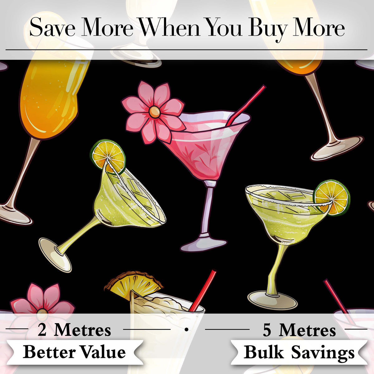 Colorful Cocktail Drinks Dark Background Summer Party Seamless Pattern Digital Print Fabric by the Metre UK Sewing Quilting Textile