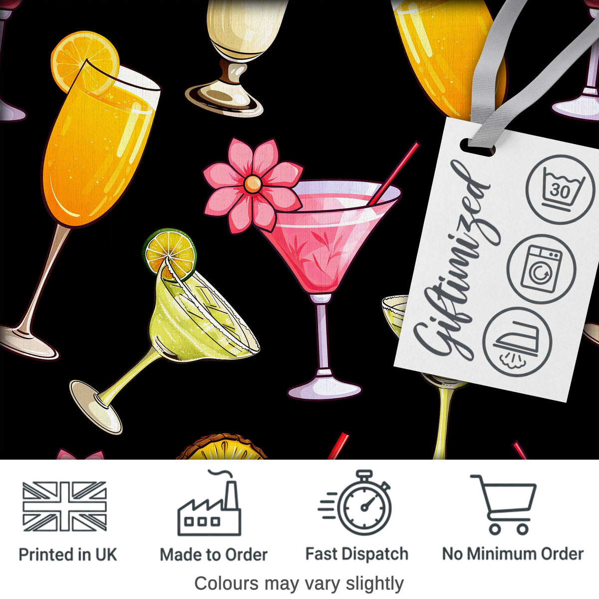 Colorful Cocktail Drinks Dark Background Summer Party Seamless Pattern Digital Print Fabric by the Metre UK Sewing Quilting Textile