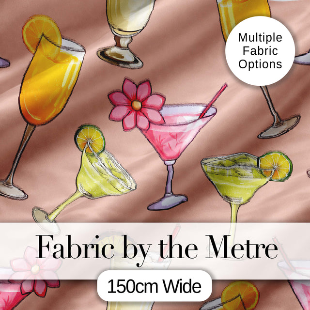 Colorful Cocktail Drinks Peach Background Summer Party Seamless Pattern Digital Print Fabric by the Metre UK Sewing Quilting Textile