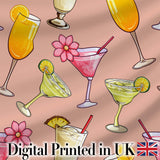 Colorful Cocktail Drinks Peach Background Summer Party Seamless Pattern Digital Print Fabric by the Metre UK Sewing Quilting Textile