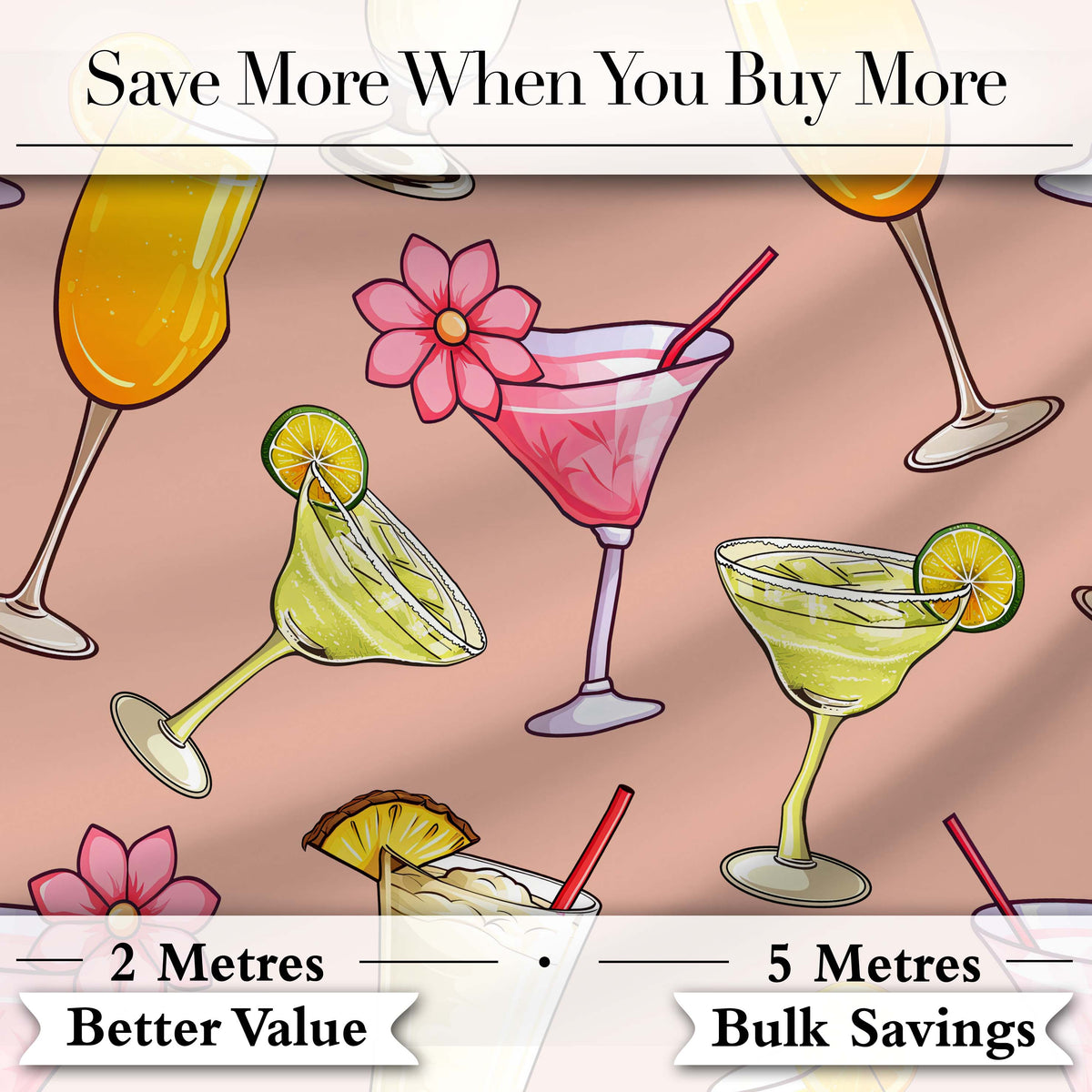Colorful Cocktail Drinks Peach Background Summer Party Seamless Pattern Digital Print Fabric by the Metre UK Sewing Quilting Textile