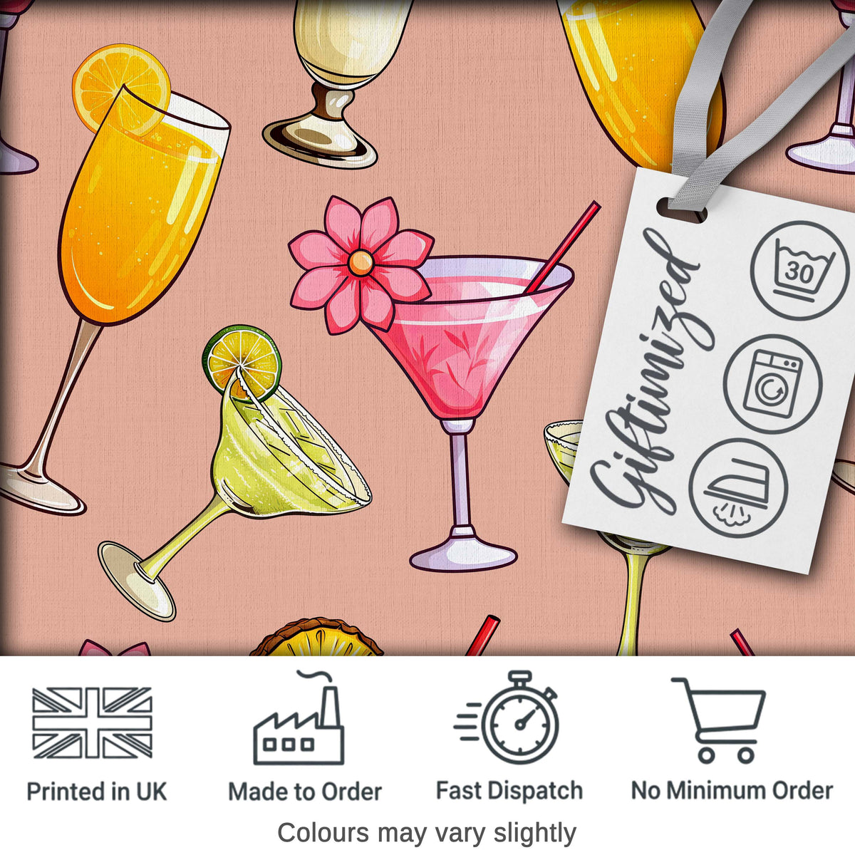 Colorful Cocktail Drinks Peach Background Summer Party Seamless Pattern Digital Print Fabric by the Metre UK Sewing Quilting Textile