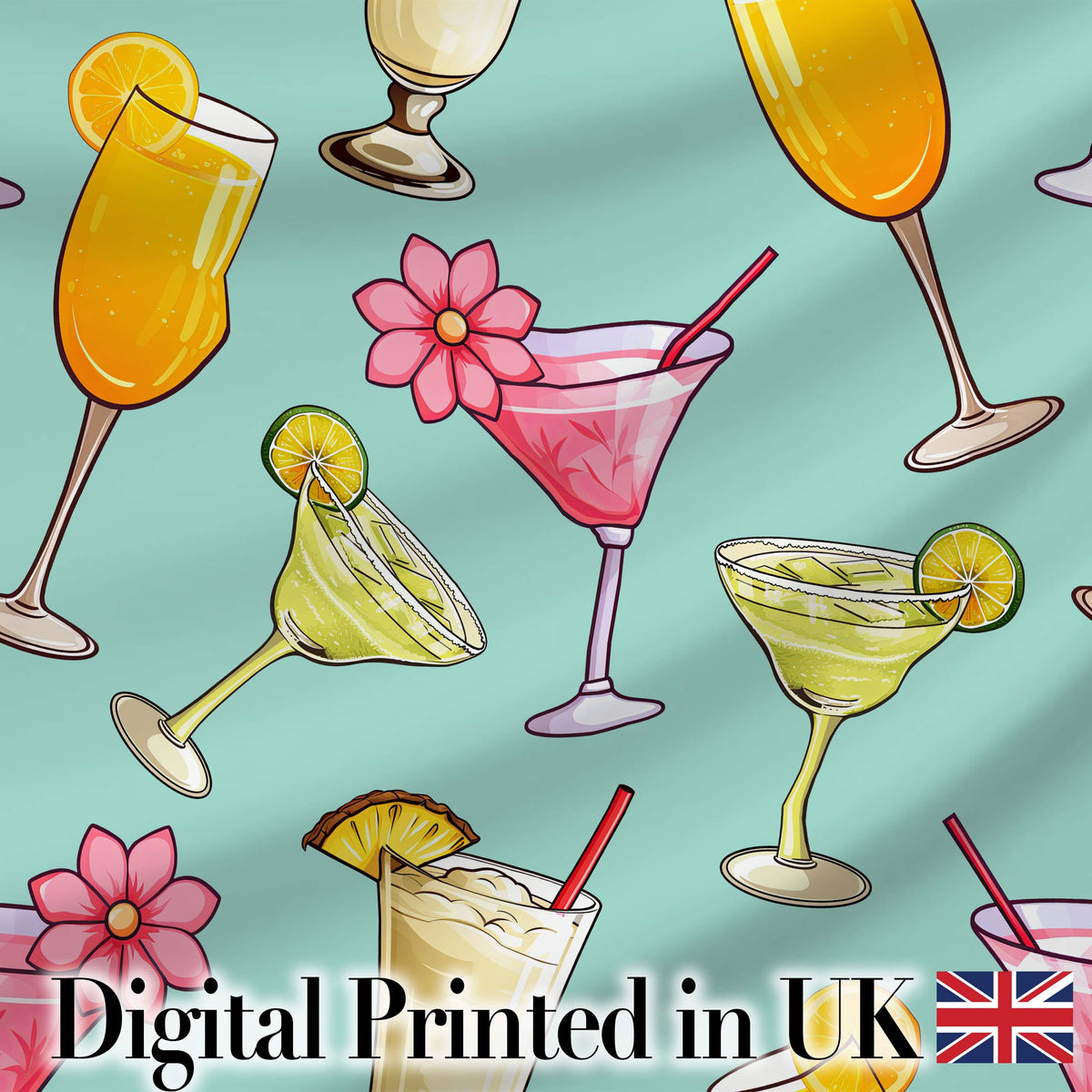 Colorful Cocktail Drinks Mint Background Summer Party Seamless Pattern Digital Print Fabric by the Metre UK Sewing Quilting Textile