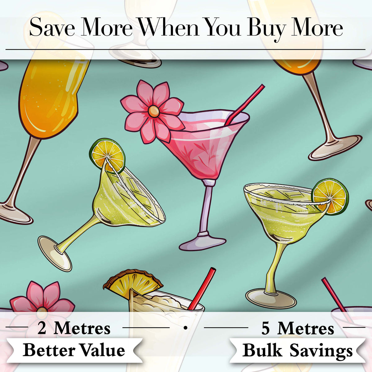 Colorful Cocktail Drinks Mint Background Summer Party Seamless Pattern Digital Print Fabric by the Metre UK Sewing Quilting Textile