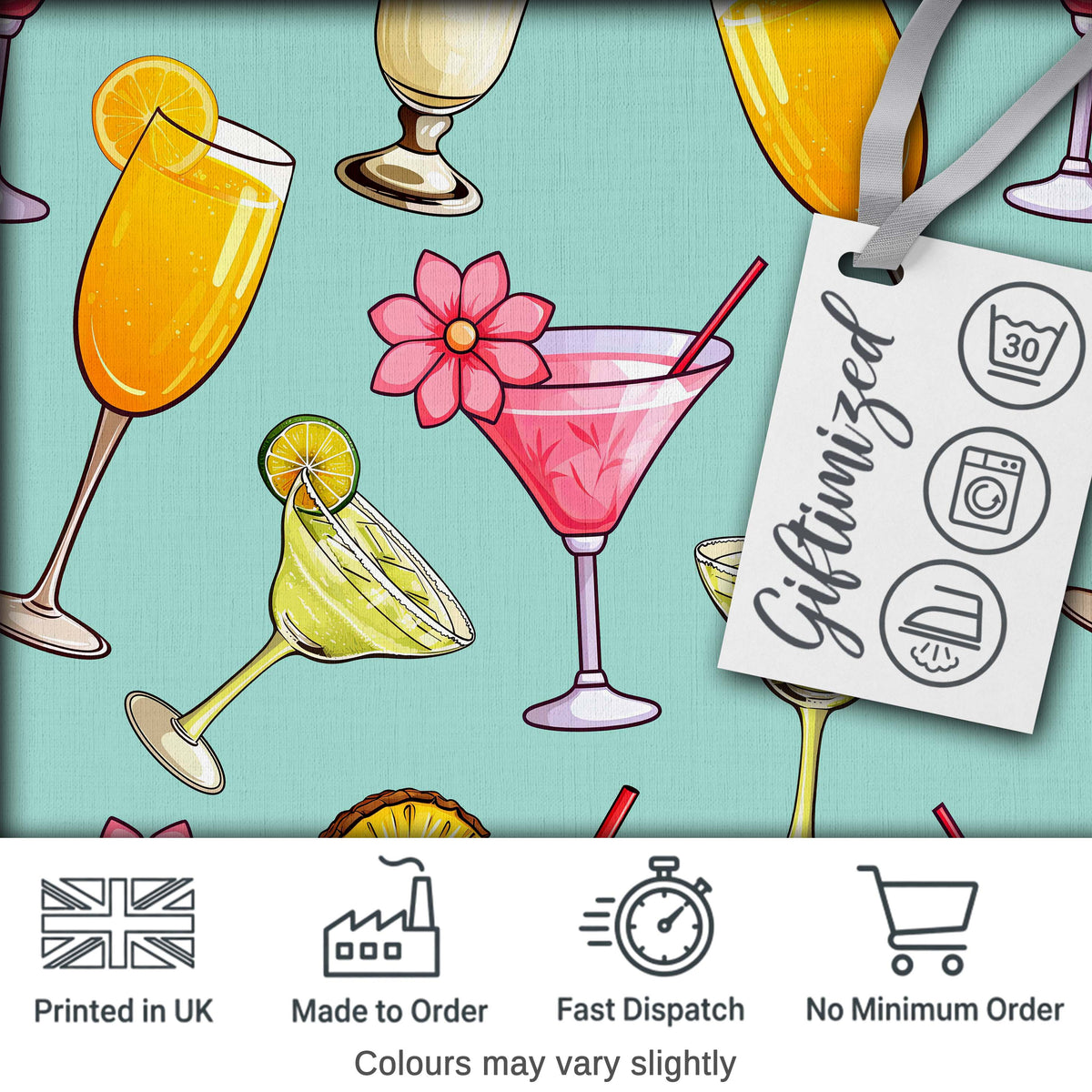 Colorful Cocktail Drinks Mint Background Summer Party Seamless Pattern Digital Print Fabric by the Metre UK Sewing Quilting Textile