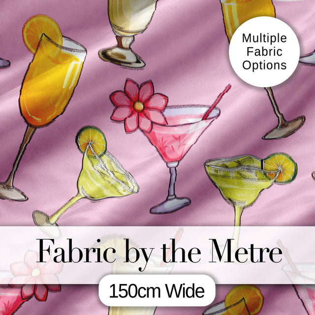 Colorful Cocktail Drinks Pink Background Summer Party Seamless Pattern Digital Print Fabric by the Metre UK Sewing Quilting Textile