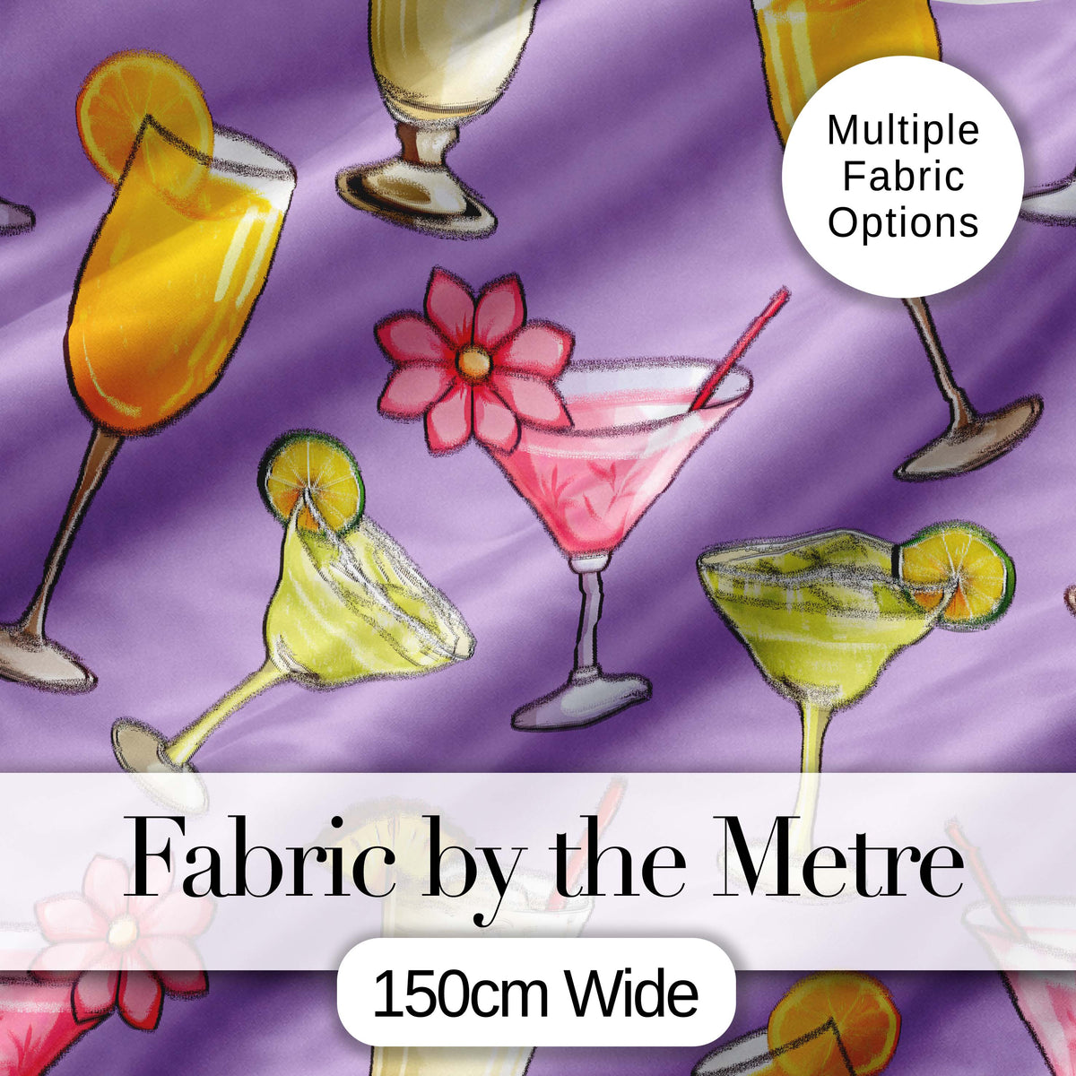 Colorful Cocktail Drinks Purple Background Summer Party Seamless Pattern Digital Print Fabric by the Metre UK Sewing Quilting Textile