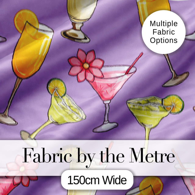 Colorful Cocktail Drinks Purple Background Summer Party Seamless Pattern Digital Print Fabric by the Metre UK Sewing Quilting Textile