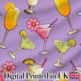 Colorful Cocktail Drinks Purple Background Summer Party Seamless Pattern Digital Print Fabric by the Metre UK Sewing Quilting Textile