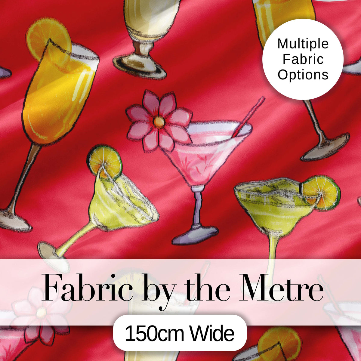 Colorful Cocktail Drinks Red Background Summer Party Seamless Pattern Digital Print Fabric by the Metre UK Sewing Quilting Textile