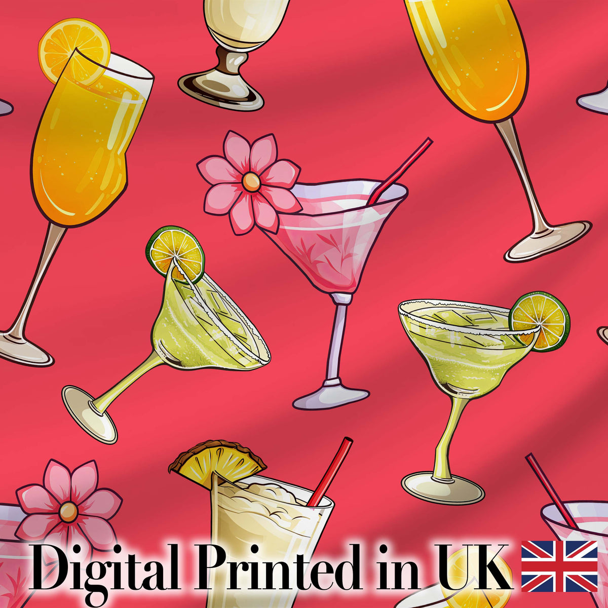 Colorful Cocktail Drinks Red Background Summer Party Seamless Pattern Digital Print Fabric by the Metre UK Sewing Quilting Textile