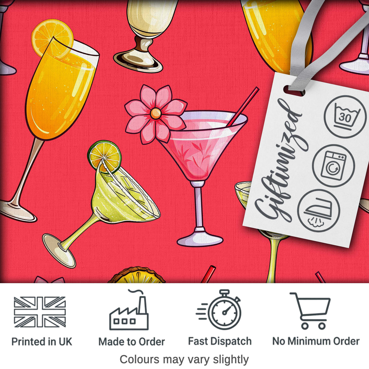 Colorful Cocktail Drinks Red Background Summer Party Seamless Pattern Digital Print Fabric by the Metre UK Sewing Quilting Textile