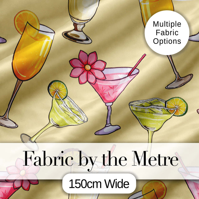 Colorful Cocktail Drinks Yellow Background Summer Party Seamless Pattern Digital Print Fabric by the Metre UK Sewing Quilting Textile