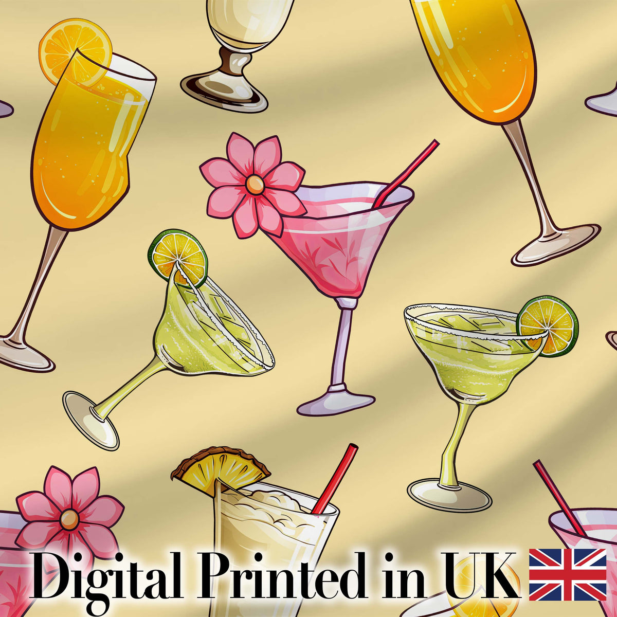 Colorful Cocktail Drinks Yellow Background Summer Party Seamless Pattern Digital Print Fabric by the Metre UK Sewing Quilting Textile