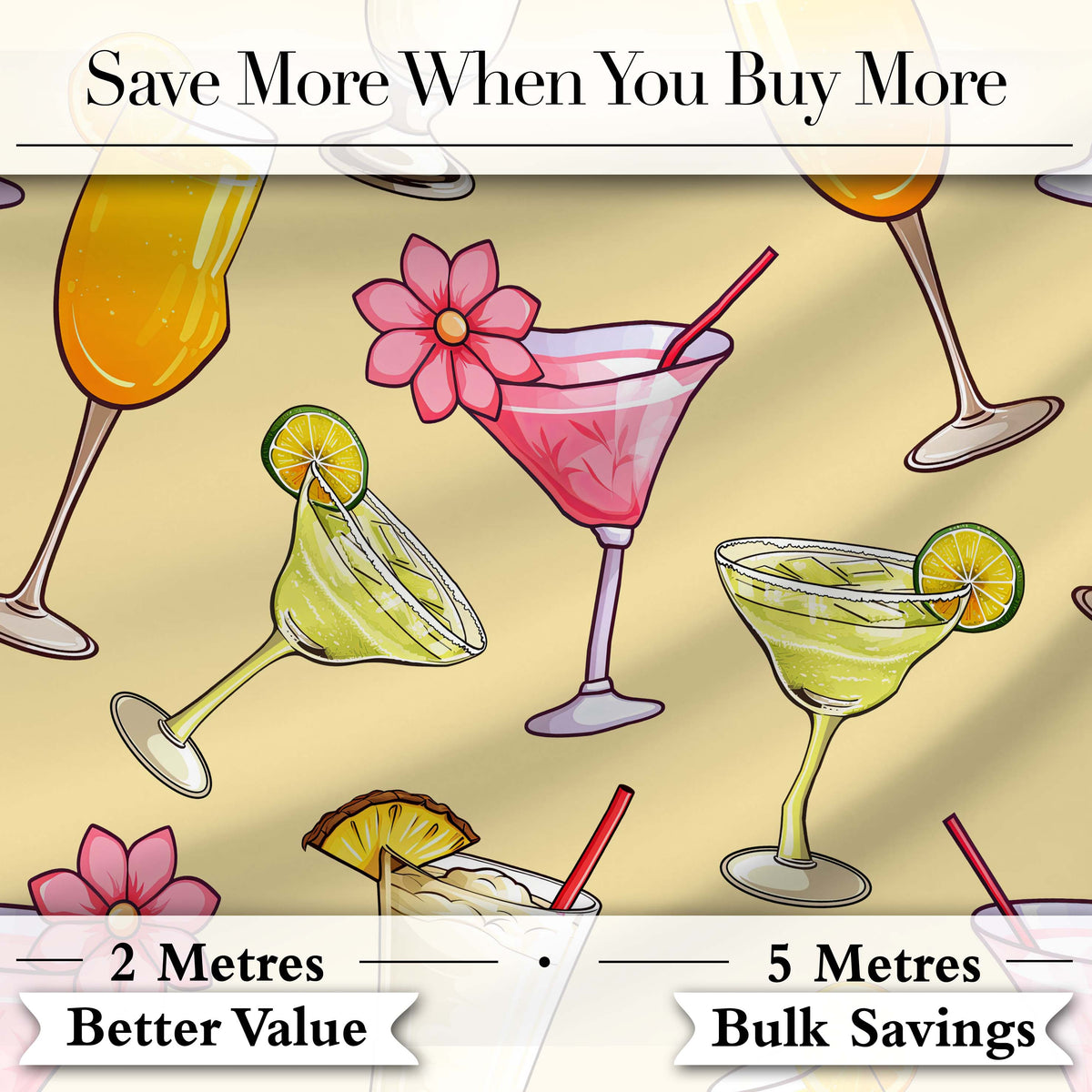 Colorful Cocktail Drinks Yellow Background Summer Party Seamless Pattern Digital Print Fabric by the Metre UK Sewing Quilting Textile