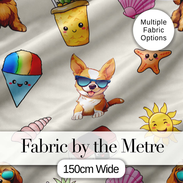 Cute Summer Dog Sunglasses Ice Cream Starfish Seamless Pattern Digital Print Fabric by the Metre UK Sewing Quilting Textile