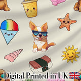 Cute Summer Dog Sunglasses Ice Cream Starfish Seamless Pattern Digital Print Fabric by the Metre UK Sewing Quilting Textile