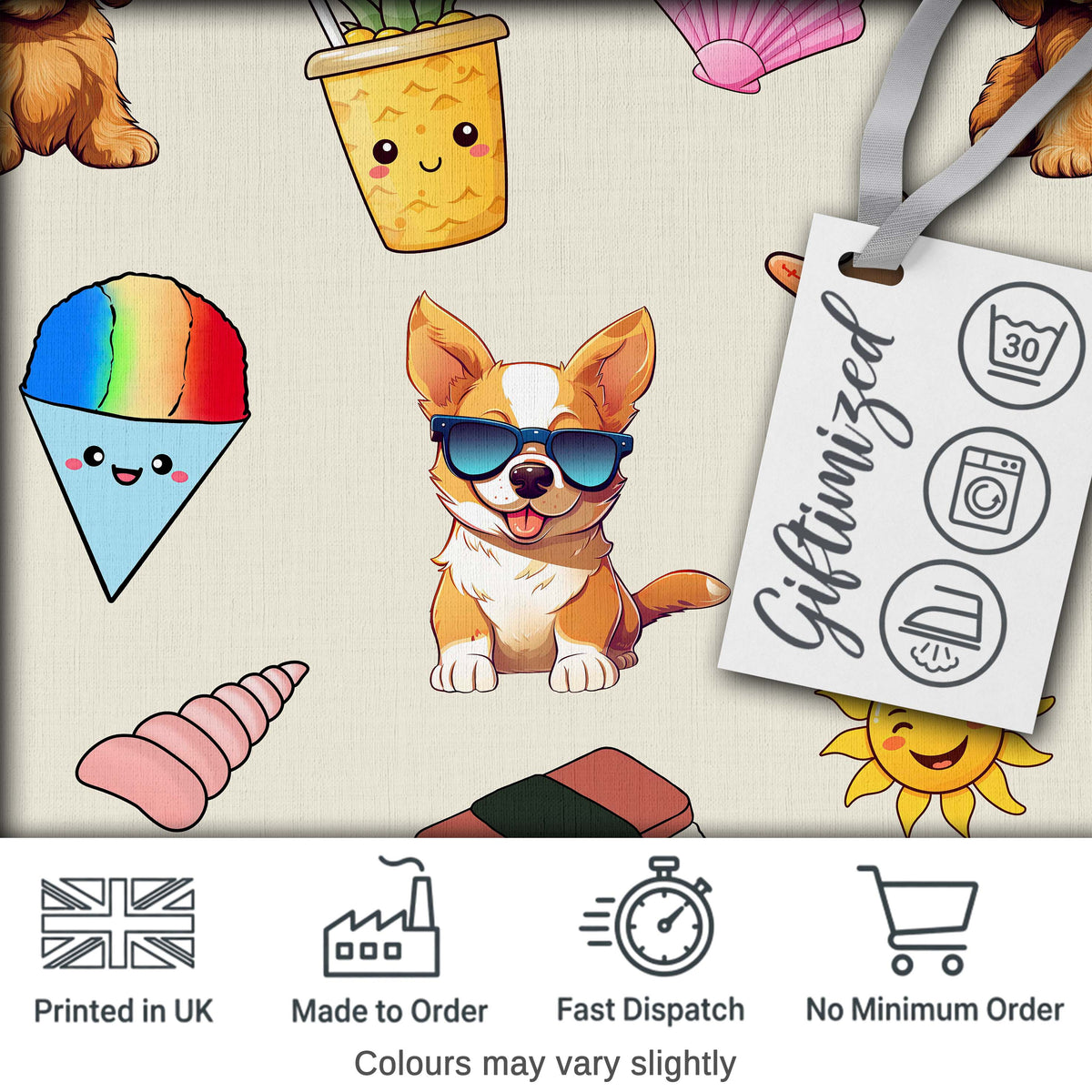 Cute Summer Dog Sunglasses Ice Cream Starfish Seamless Pattern Digital Print Fabric by the Metre UK Sewing Quilting Textile