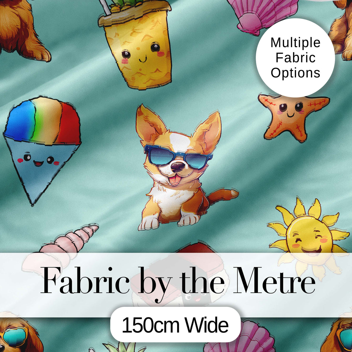 Cute Summer Dog Teal Background Ice Cream Starfish Seamless Pattern Digital Print Fabric by the Metre UK Sewing Quilting Textile