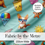 Cute Summer Dog Teal Background Ice Cream Starfish Seamless Pattern Digital Print Fabric by the Metre UK Sewing Quilting Textile